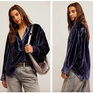 FREE PEOPLE We The Free Luxy Solid Velvet Shirt Night Sky Navy Blue Sz S {TT32}
